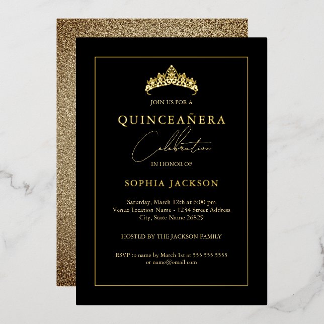Elegant Black Gold Quinceanera 15th  Foil Invitation (Front/Back)