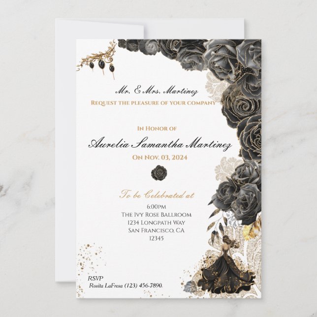 Elegant Black & Gold Quinceañera Floral Invitation (Front)