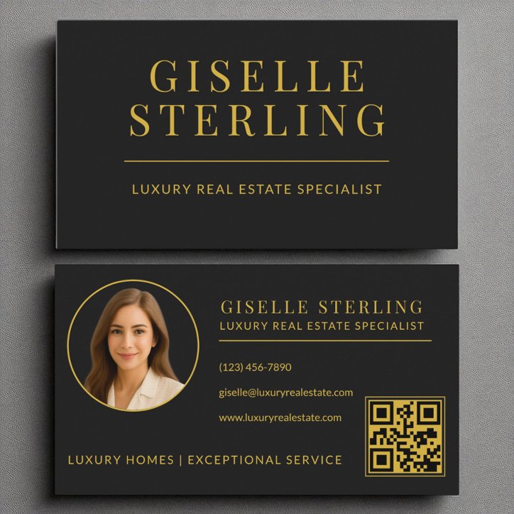 Elegant Black Gold Real Estate Agent QR Code Business Card