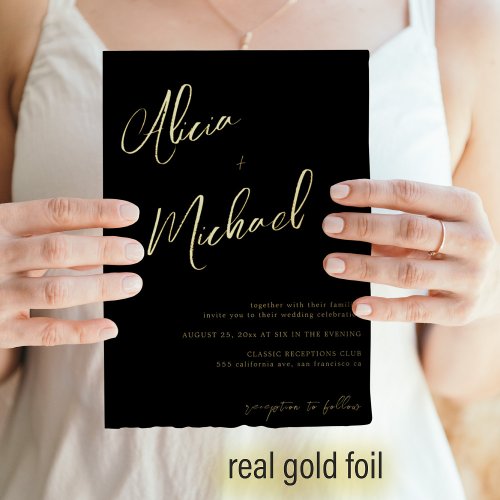 Elegant black gold real foil script wedding foil invitation