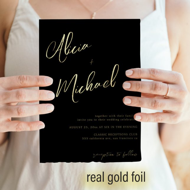 Elegant black gold real foil script wedding invitation (Creator Uploaded)
