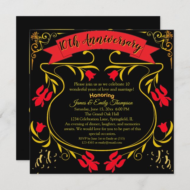 Elegant Black Gold & Red 10th Wedding Anniversary  Invitation (Front/Back)
