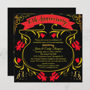 Elegant Black Gold & Red 10th Wedding Anniversary Invitation