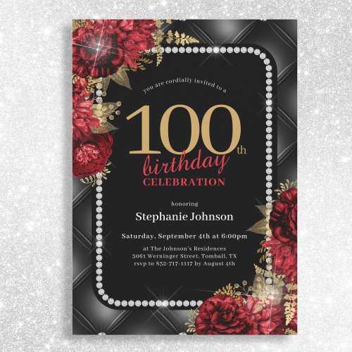 Elegant Black Gold Red Floral 100th Birthday Party Invitation