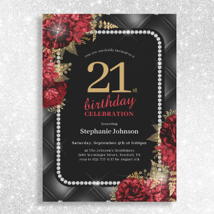 Elegant Black Gold Red Floral 21st Birthday Party Invitation