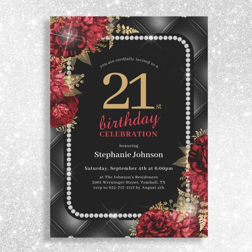 Elegant Black Gold Red Floral 21st Birthday Party Invitation
