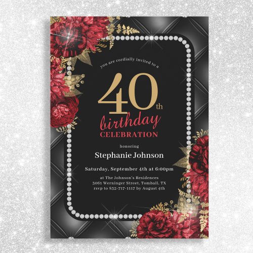 Elegant Black Gold Red Floral 40th Birthday Party Invitation