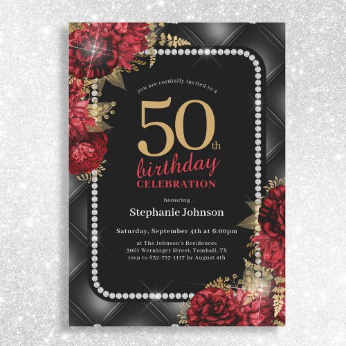 Elegant Black Gold Red Floral 50th Birthday Party Invitation