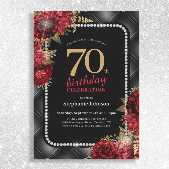 Elegant Black Gold Red Floral 70th Birthday Party Invitation (Mockup View)