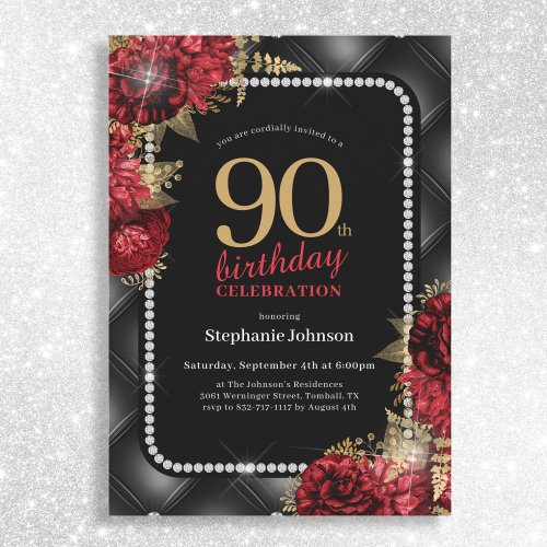 Elegant Black Gold Red Floral 90th Birthday Party Invitation