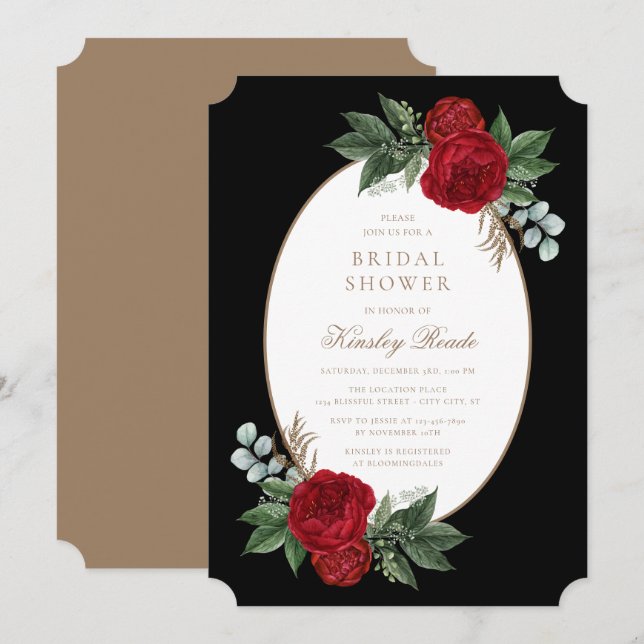 Elegant Black & Gold Red Floral Bridal Shower Invitation (Front/Back)