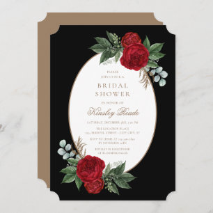Elegant Black & Gold Red Floral Bridal Shower Invitation