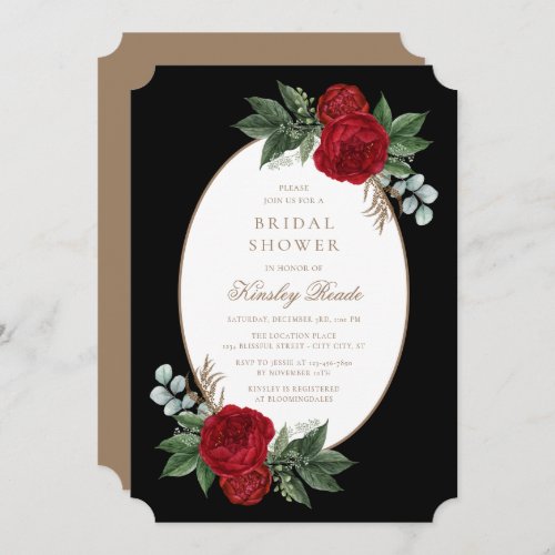 Elegant Black  Gold Red Floral Bridal Shower Invitation