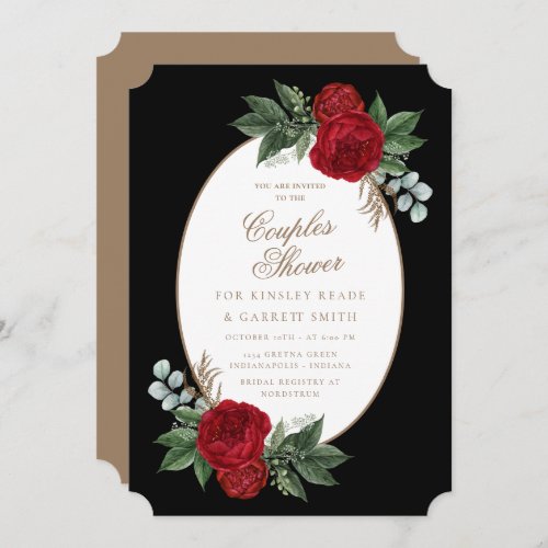 Elegant Black  Gold Red Floral Couples Shower Invitation