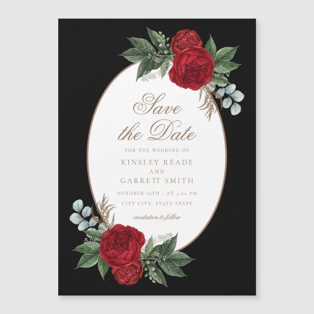 Elegant Black & Gold Red Floral Save The Date Magnetic Invitation (Front)