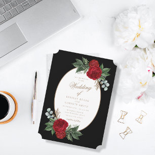 Elegant Black & Gold Red Floral Wedding Invitation