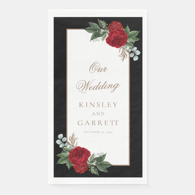 Elegant Black & Gold Red Floral Wedding Paper Guest Towels (Front)