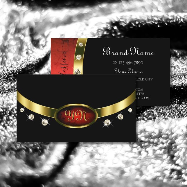 Elegant Black Gold Red Marble Monogram Diamonds Business Card (Creator Uploaded)