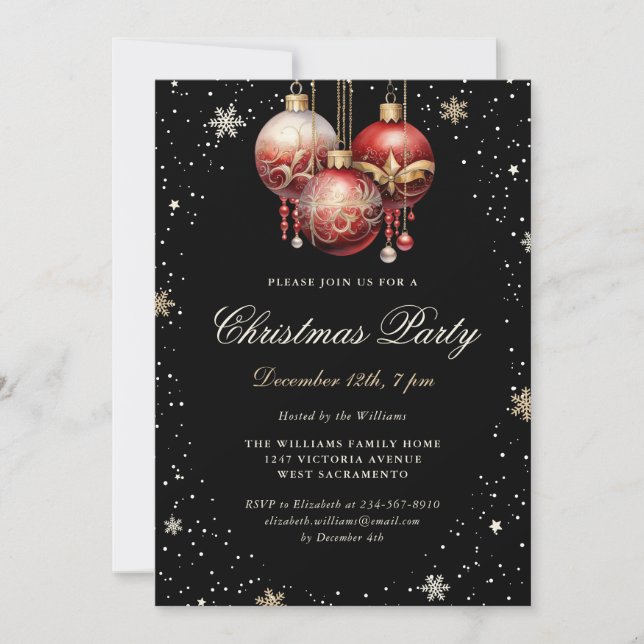 Elegant Black Gold Red Ornaments Christmas Party Invitation (Front)