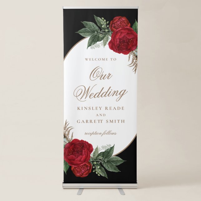 Elegant Black & Gold Red Peonies Wedding Retractable Banner (Front)
