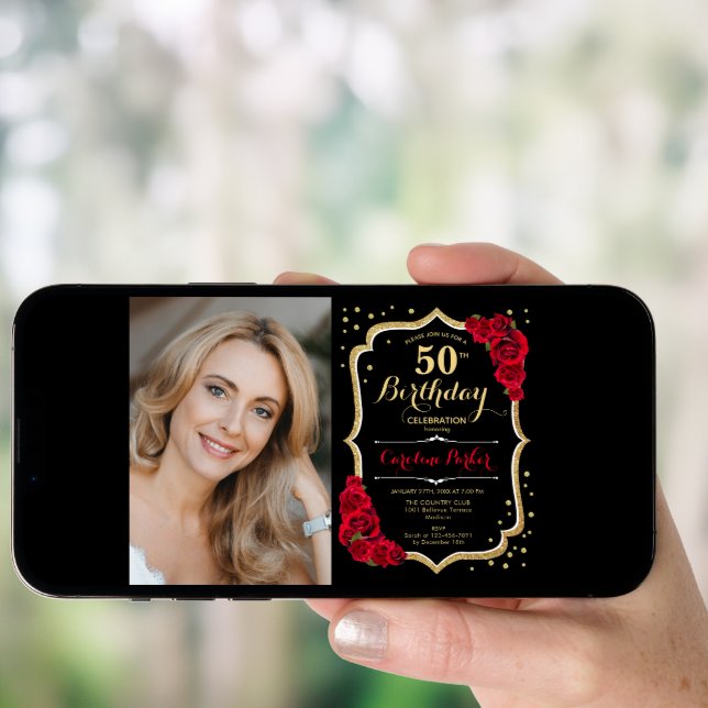 Elegant Black Gold Red Photo 50th Birthday Invitation (Front Digital)