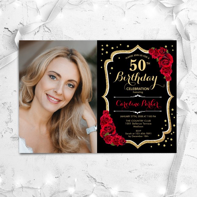 Elegant Black Gold Red Photo 50th Birthday Invitation (Creator Uploaded)