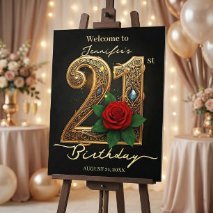 Elegant Black Gold Red Rose 21st Birthday Welcome Foam Board