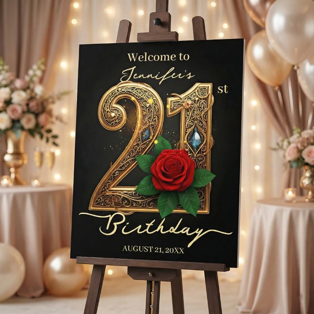 Elegant Black Gold Red Rose 21st Birthday Welcome Foam Board (Creator Uploaded)