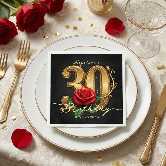 Elegant Black Gold Red Rose 30th Birthday Party Napkins (Creator Uploaded)
