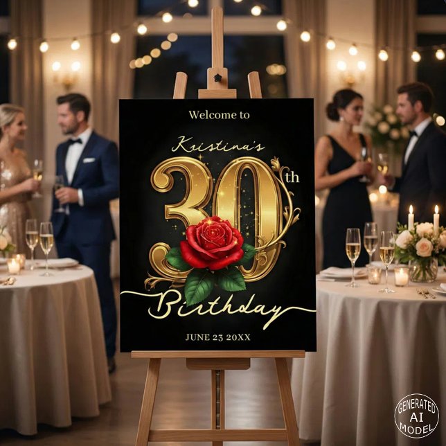 Elegant Black Gold Red Rose 30th Birthday Welcome Foam Board (Creator Uploaded)