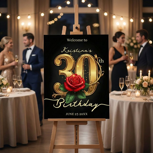 Elegant Black Gold Red Rose 30th Birthday Welcome Foam Board (Creator Uploaded)