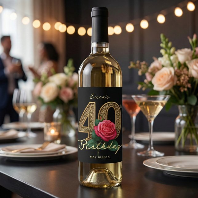 Elegant Black Gold Red Rose 40th Birthday Party Wine Label (Creator Uploaded)