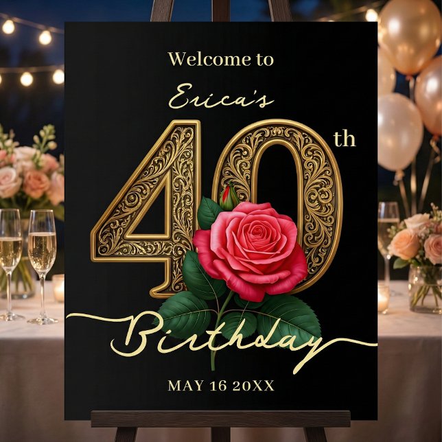Elegant Black Gold Red Rose 40th Birthday Welcome Foam Board (Creator Uploaded)