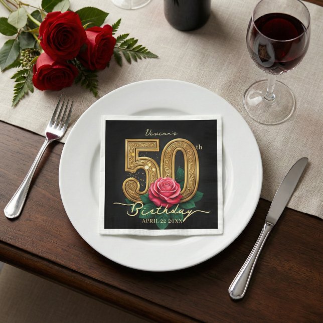 Elegant Black Gold Red Rose 50th Birthday Party Napkins (Creator Uploaded)