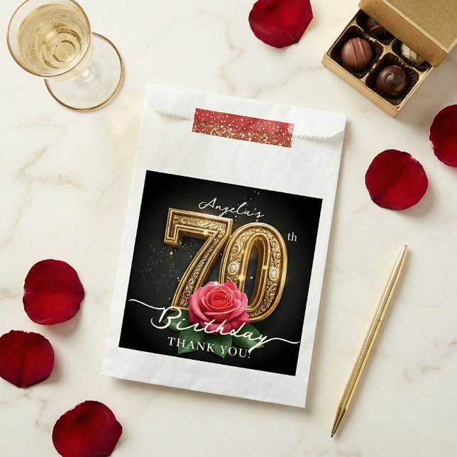 Elegant Black Gold Red Rose 70th Birthday Party Favor Bag (Creator Uploaded)
