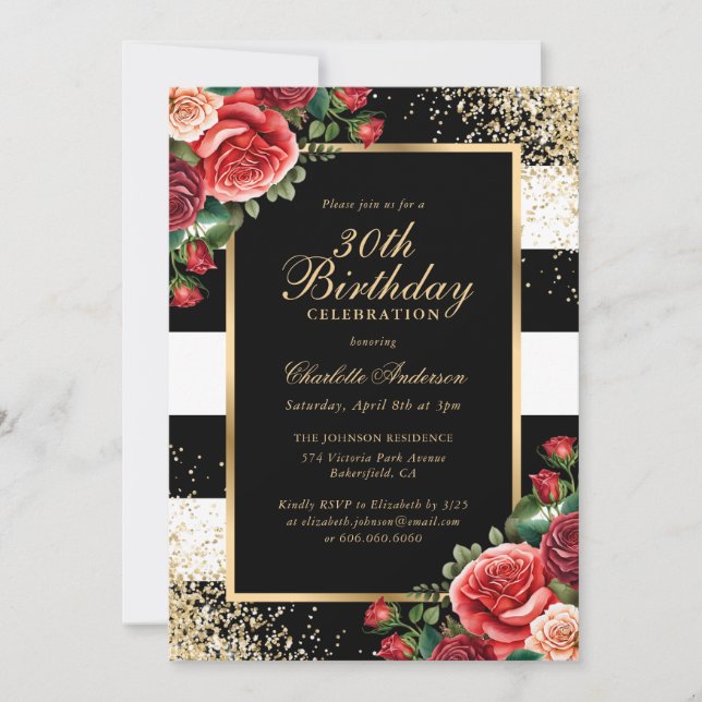 Elegant Black Gold Red Rose Floral 30th Birthday Invitation (Front)