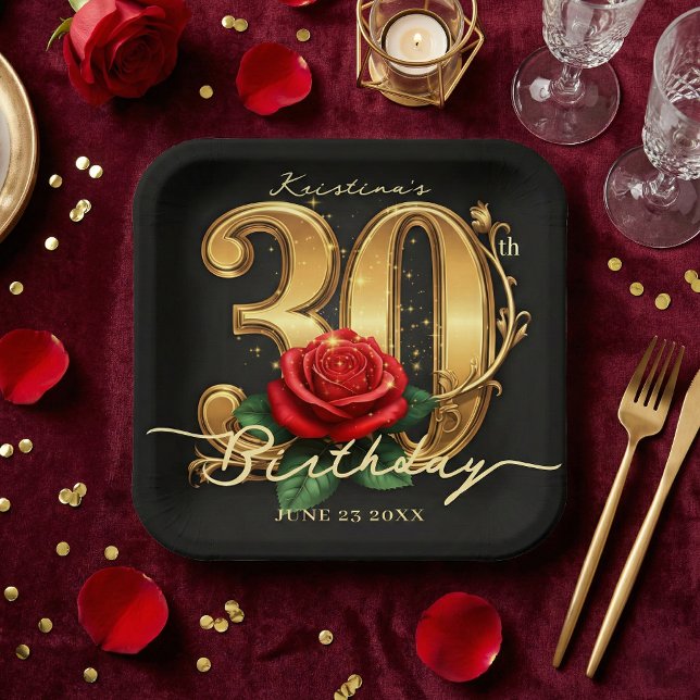 Elegant Black Gold Red Rose Floral 30th Birthday Paper Plates (Creator Uploaded)