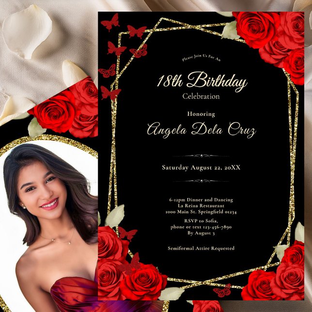 Elegant Black Gold Red Roses 18th Birthday Debut Invitation (Creator Uploaded)