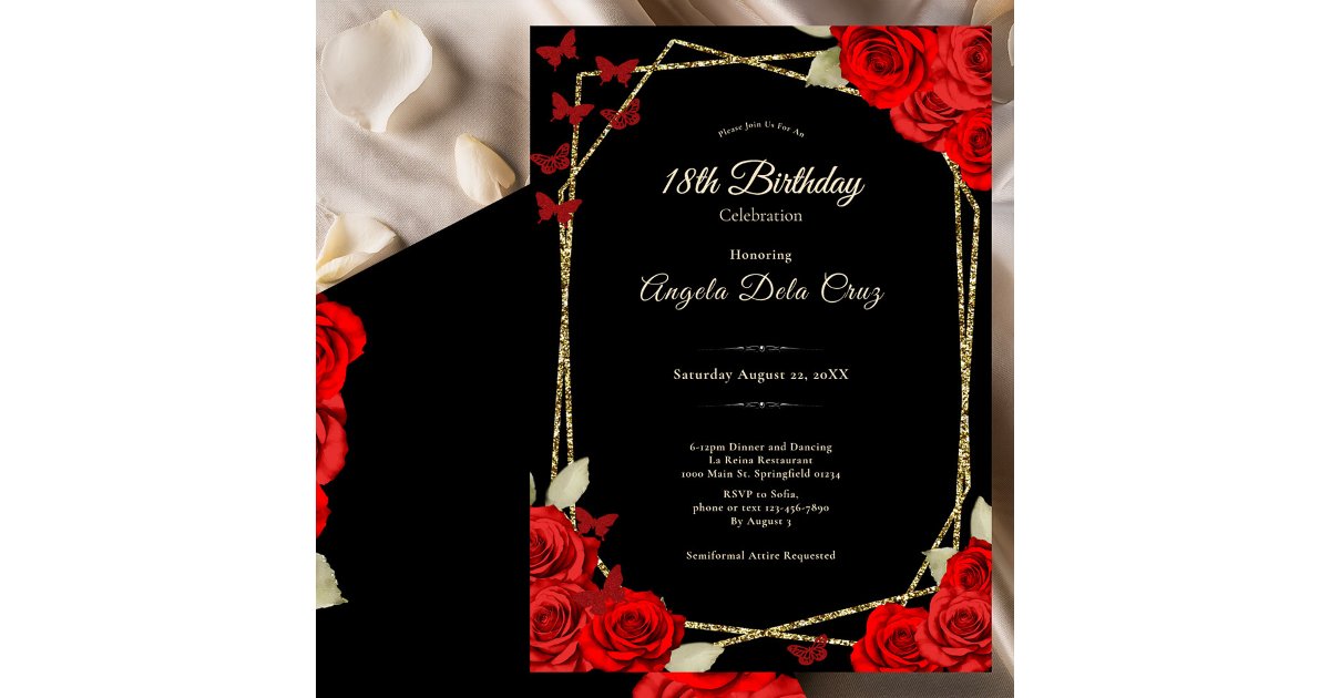 18th Roses Design Elegant Black Gold Red Roses 18th Birthday Debut Invitation | Zazzle