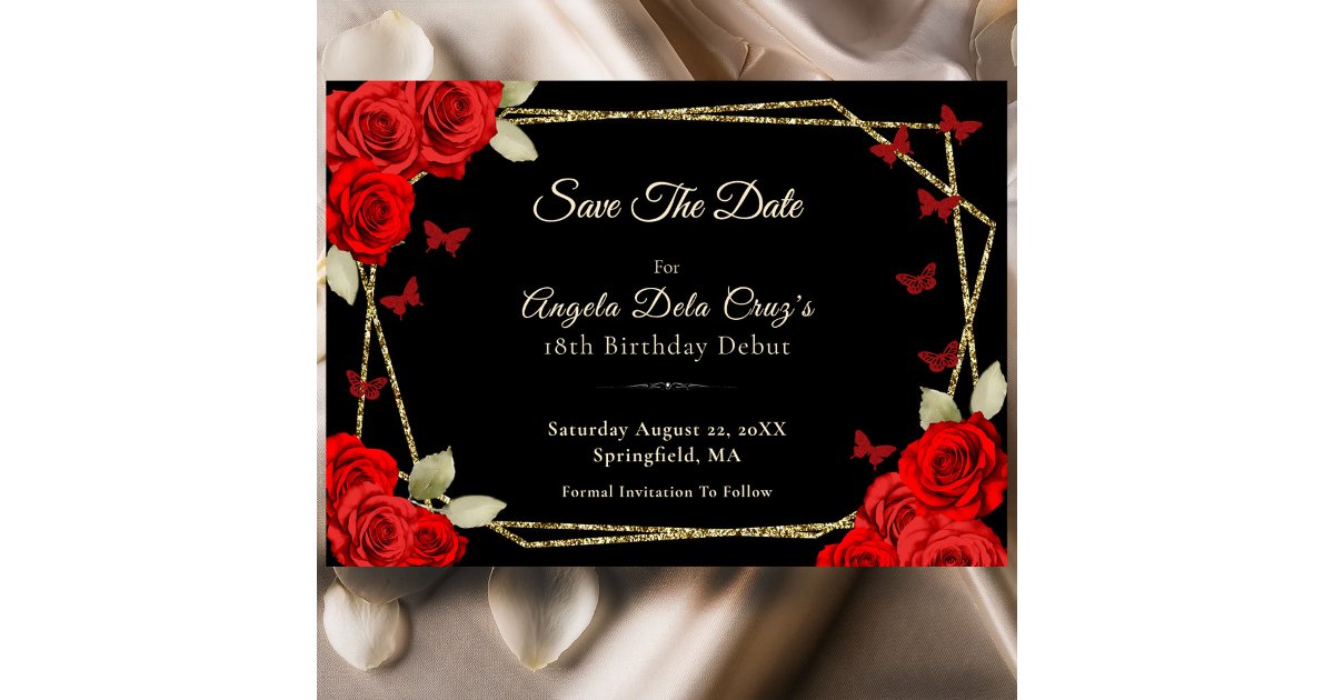 18th Roses Design Elegant Black Gold Red Roses 18th Birthday Debut Save The Date | Zazzle