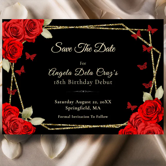 18th Roses Design Elegant Black Gold Red Roses 18th Birthday Debut Save The Date | Zazzle
