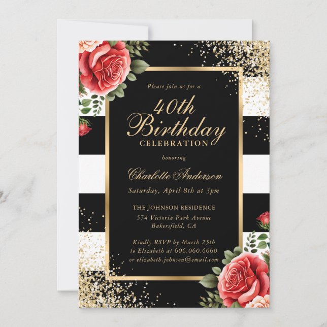 Elegant Black Gold Red Roses 40th Birthday Invitation (Front)
