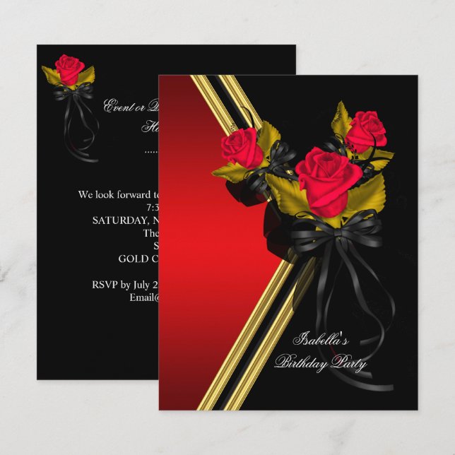 Elegant Black Gold Red Roses Birthday Party Invitation (Front/Back)