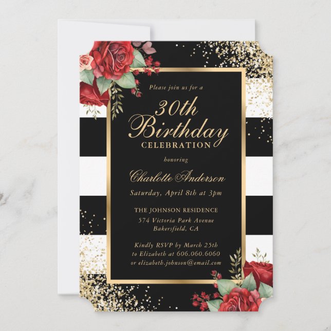 Elegant Black Gold Red Roses Floral 30th Birthday Invitation (Front)