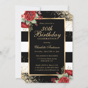 Elegant Black Gold Red Roses Floral 30th Birthday Invitation