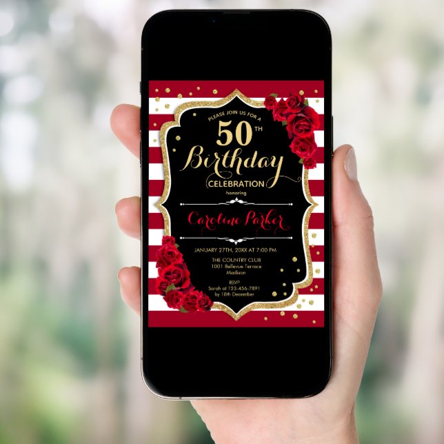 Elegant Black Gold Red Roses Photo 50th Birthday Invitation (Front Digital)