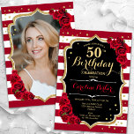 Elegant Black Gold Red Roses Photo 50th Birthday Invitation<br><div class="desc">Elegant floral feminine 50th birthday invitation with your photo at the back of the card. Glam black white red design with faux glitter gold. Features stripes, red roses, script font and confetti. Perfect for a stylish adult bday celebration party. Personalise with your own details. Can be customised for any age!...</div>