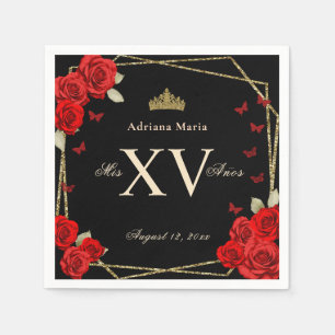Elegant Black Gold Red Roses Quinceanera Napkins