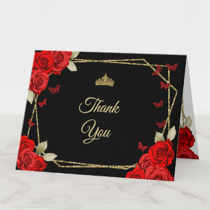 Elegant Black Gold Red Roses Quinceanera Thank You Card