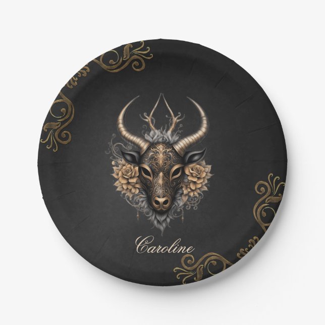 Elegant black gold reindeerhaed  paper plates (Front)